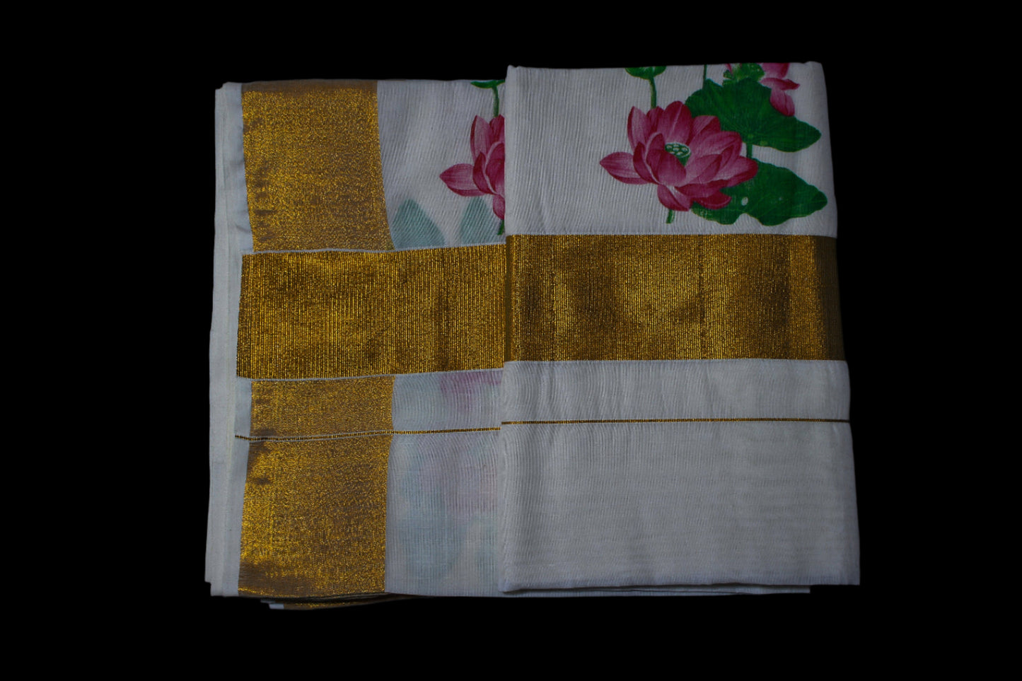 Lotus Printed Kerala Saree with Blouse