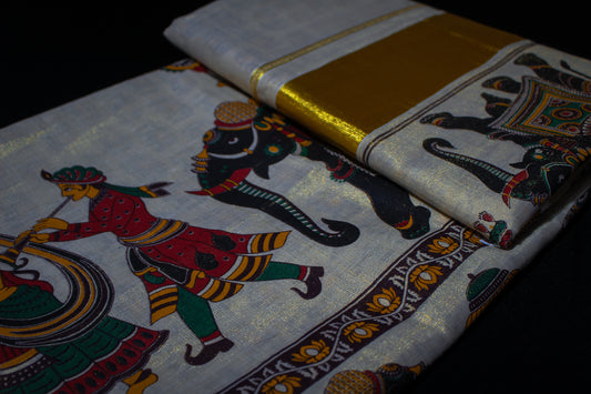 Tribal Printed Gold Tissue Kerala Saree