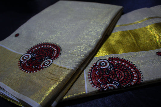 Embroidered Theyyam Kerala Gold Saree