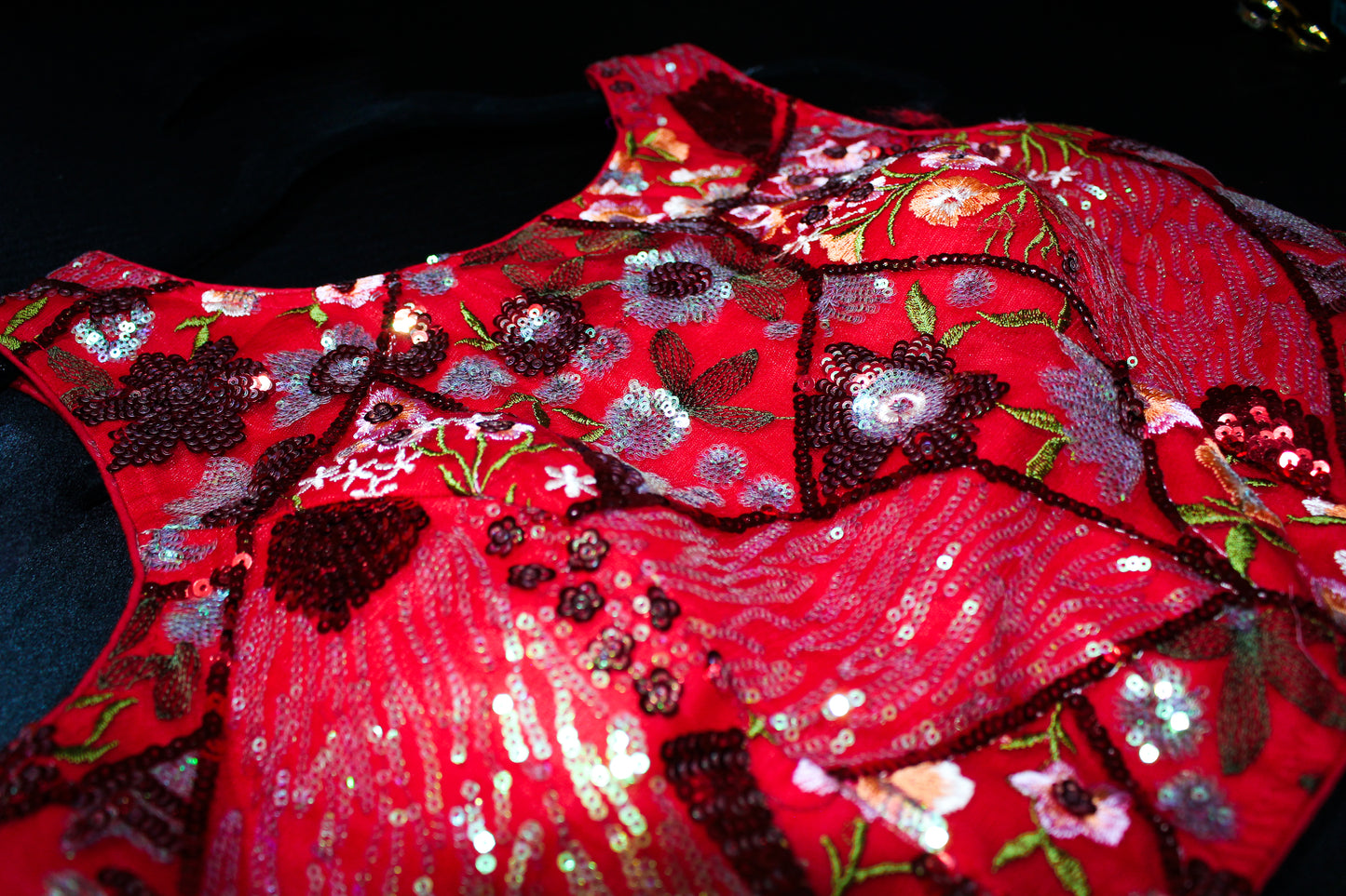 Red Sequence Boat Neck Blouse