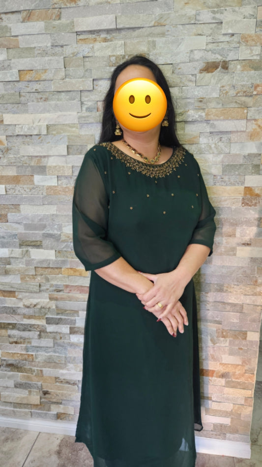 Georgette A-line kurta-Bottle green