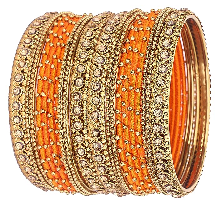 Metalic bangle set with orange silk thread and golden stones in antique colour