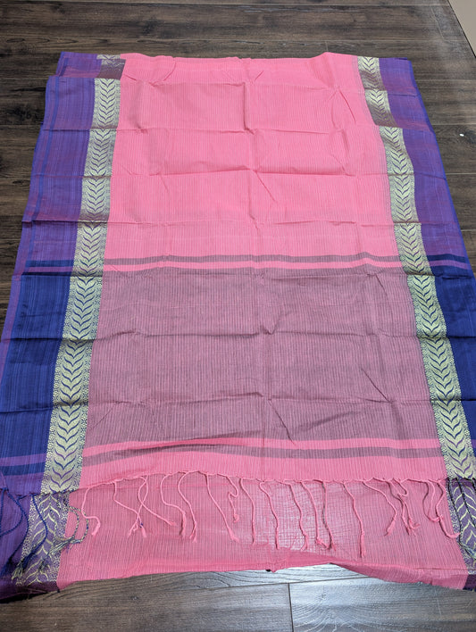 Pink cotton saree with purple borders