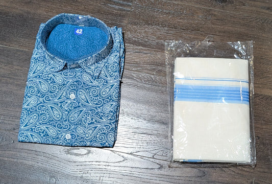 Printed blue shirt with matching dhoti