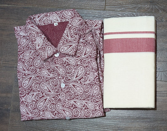 Printed shirt with matching- Maroon and whiite dhoti