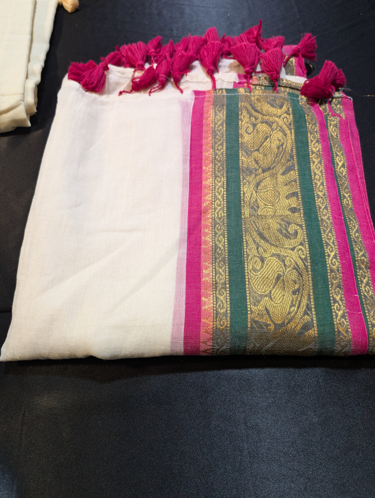 Mul cotton saree with green and magenta border
