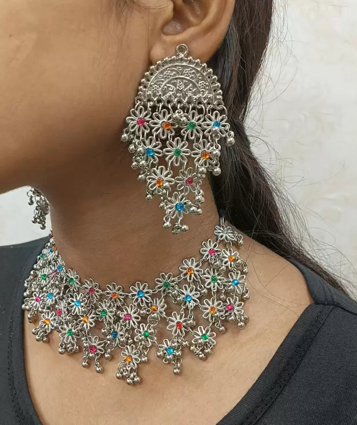 Oxidised Silver Sterling Silver Multicolor Jewel Set (Pack of 1)