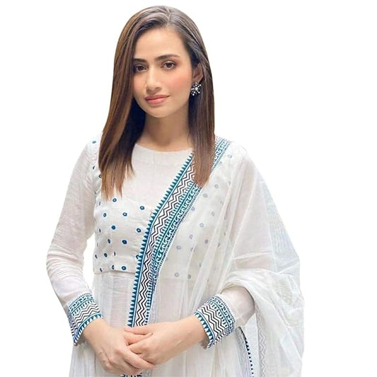 White and blue cotton anarkali -XL