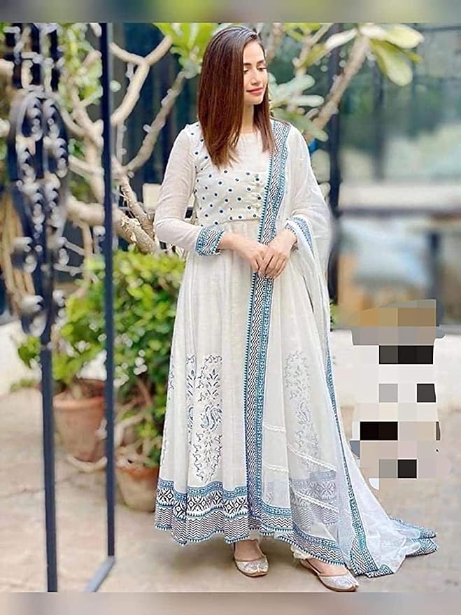 White and blue cotton anarkali -XL