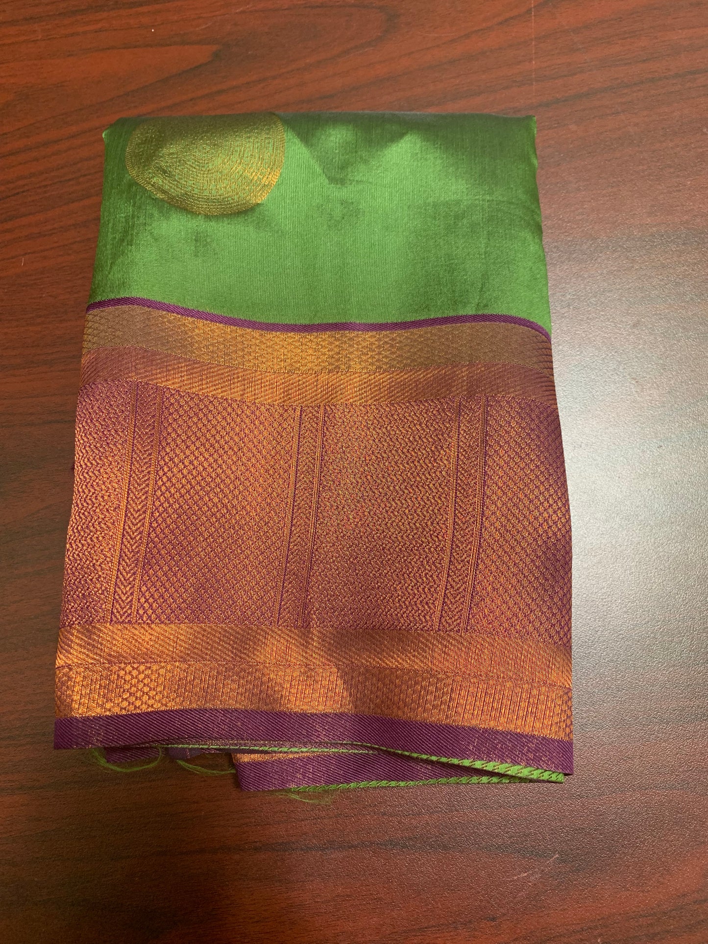 Green-copper zari border art silk saree(ready made blouse)