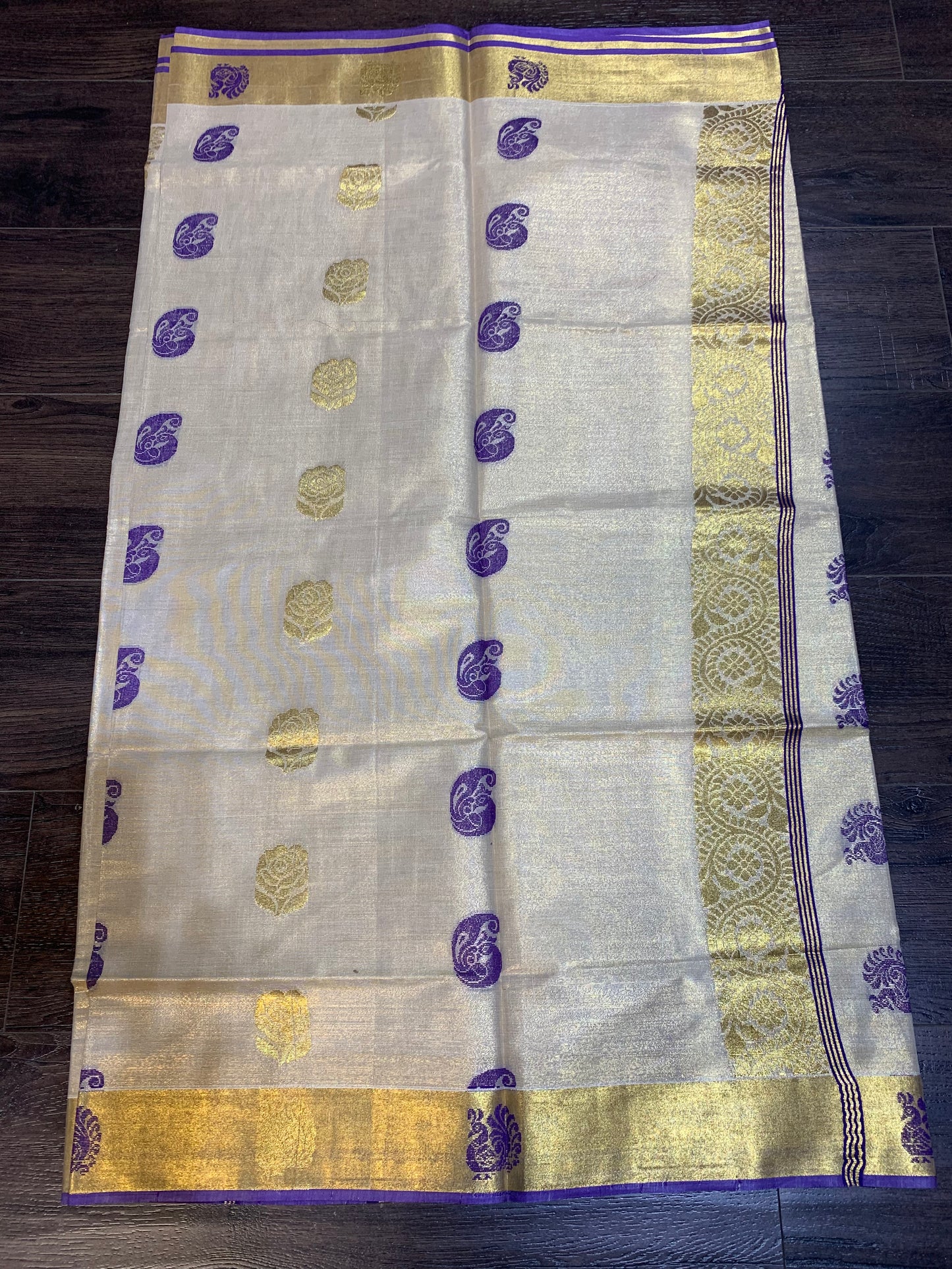 Golden tissue saree with purple border