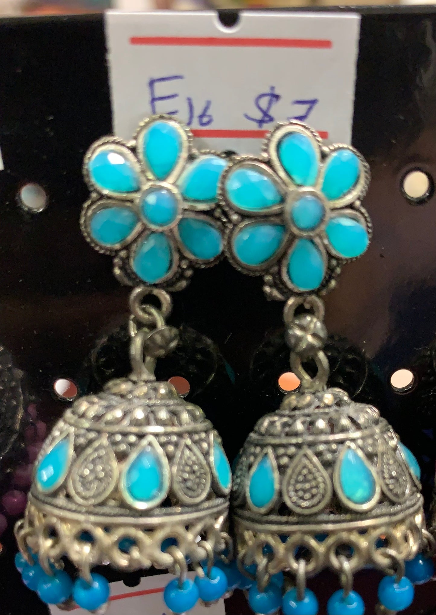 Blue crystal studded oxidized silver earring