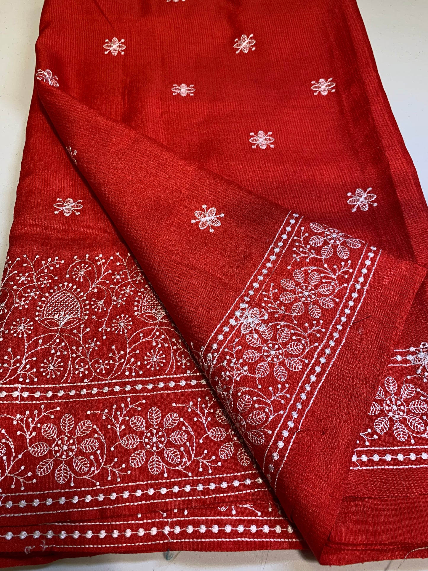 Red Kota silk saree white chikankari design-stitched blouse with white pearls