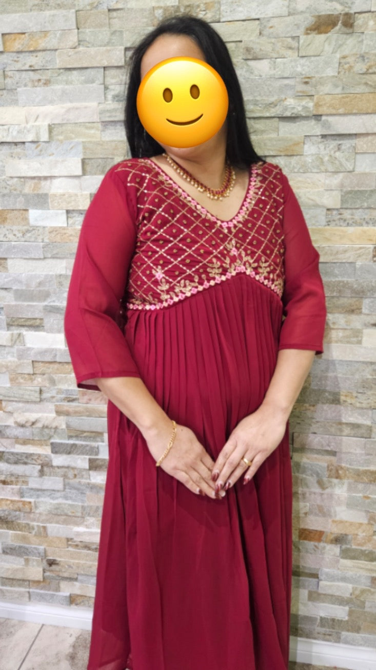 Front pleated gown in Maroon colour