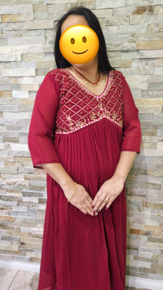 Front pleated gown in Maroon colour