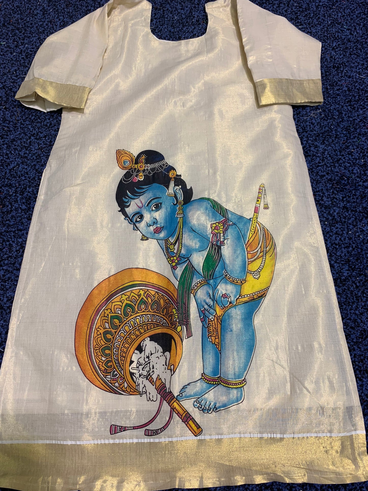 Kerala kasavu kurthi hand painted with Krishna