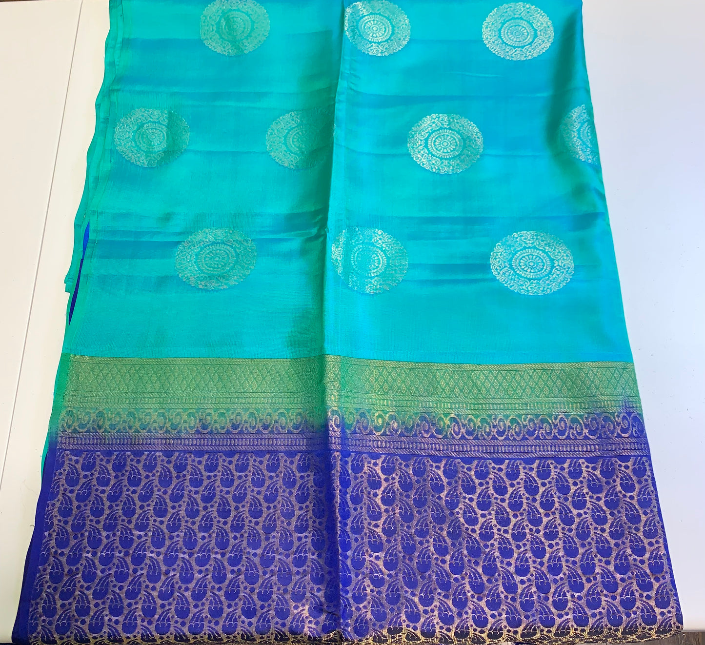 Peacock colour Pure Kanchipuram Silk Saree(unstitched blouse)