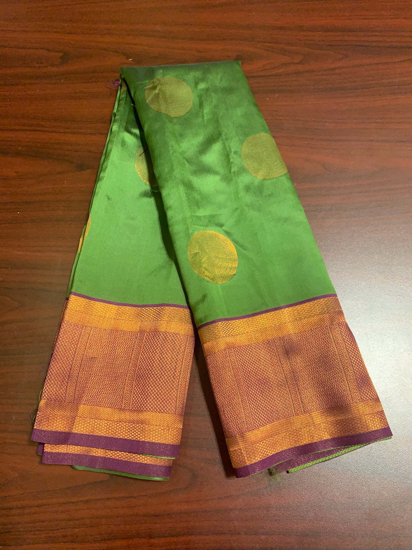 Green-copper zari border art silk saree(ready made blouse)