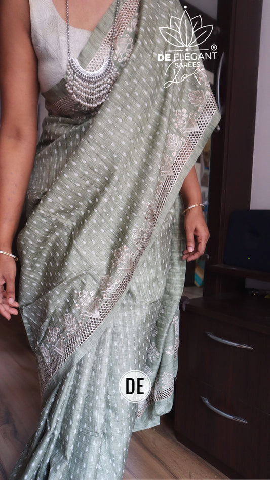 Tassar saree-pastel green with cut work