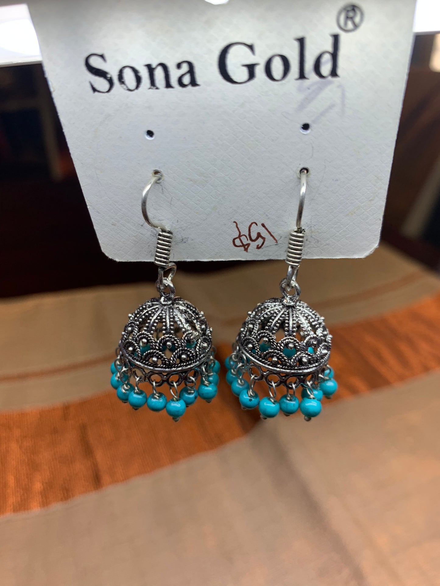 Oxidized silver blue beads hanging jhumka earring