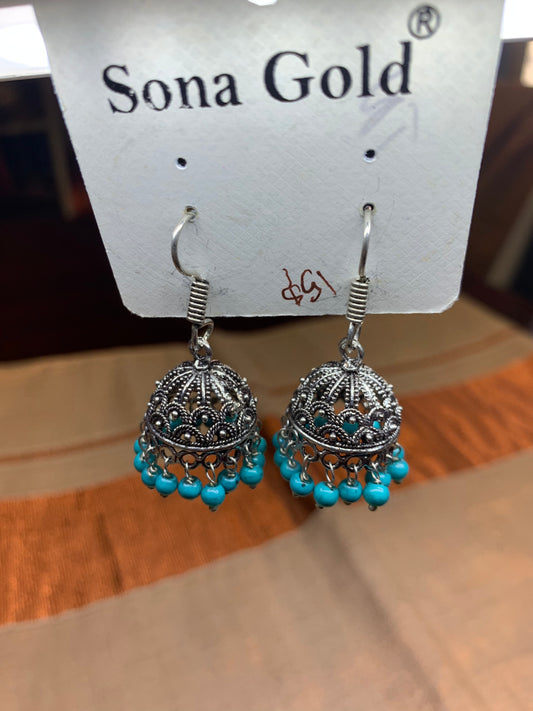 Oxidized silver blue beads hanging jhumka earring