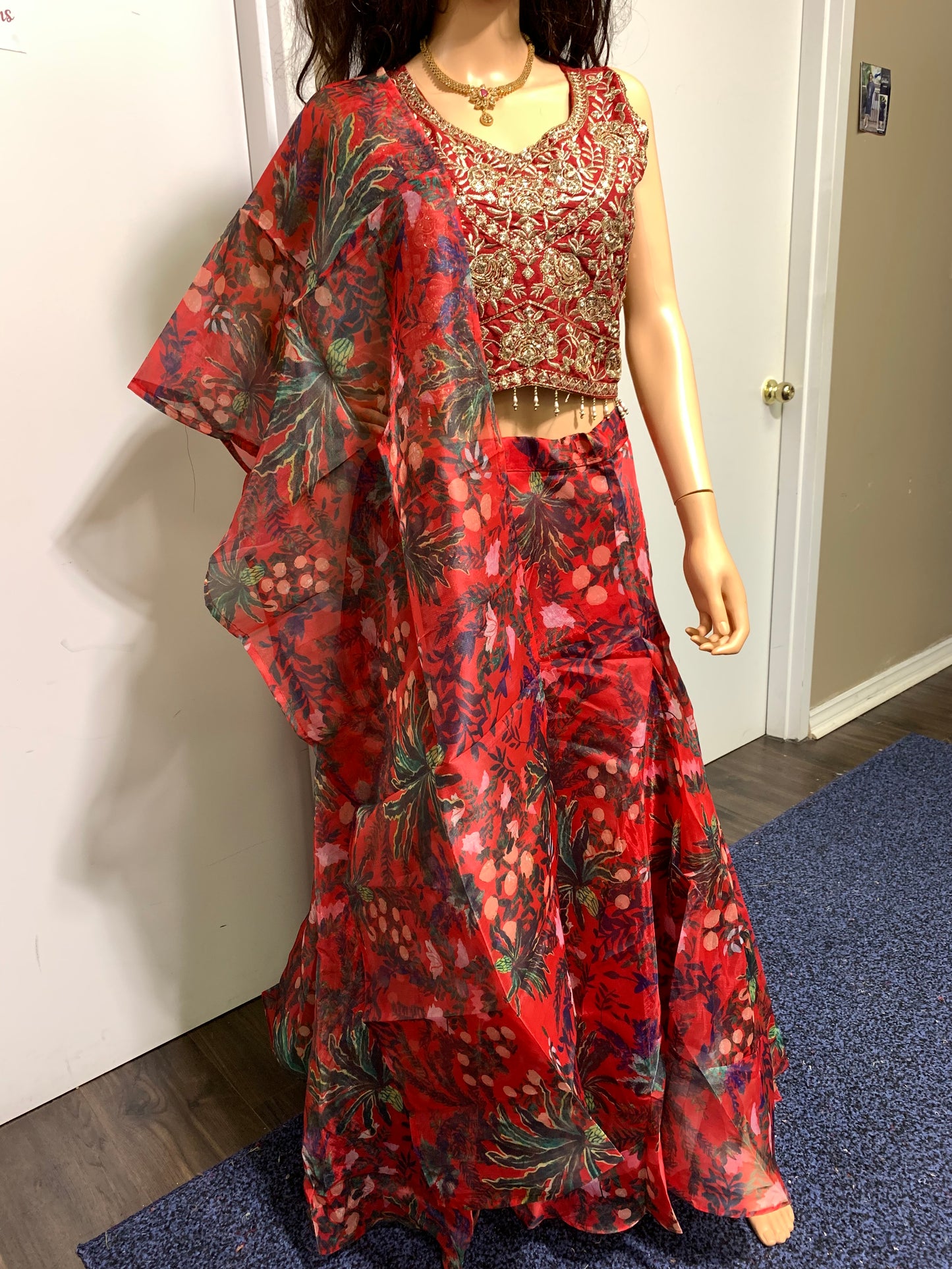 Red Organza Lehenga Floral Print