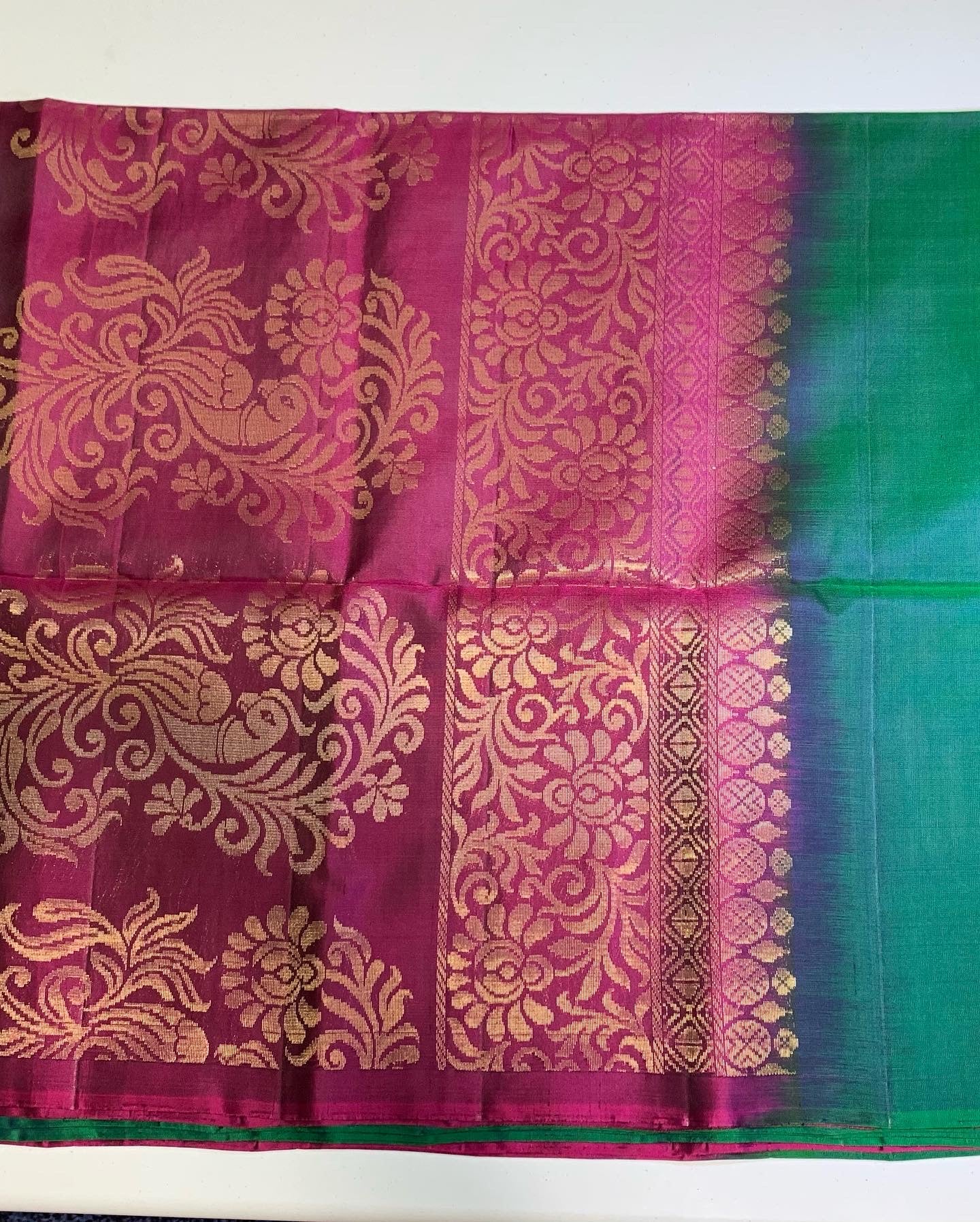 Peacock green-pink Kanchipuram Silk Saree