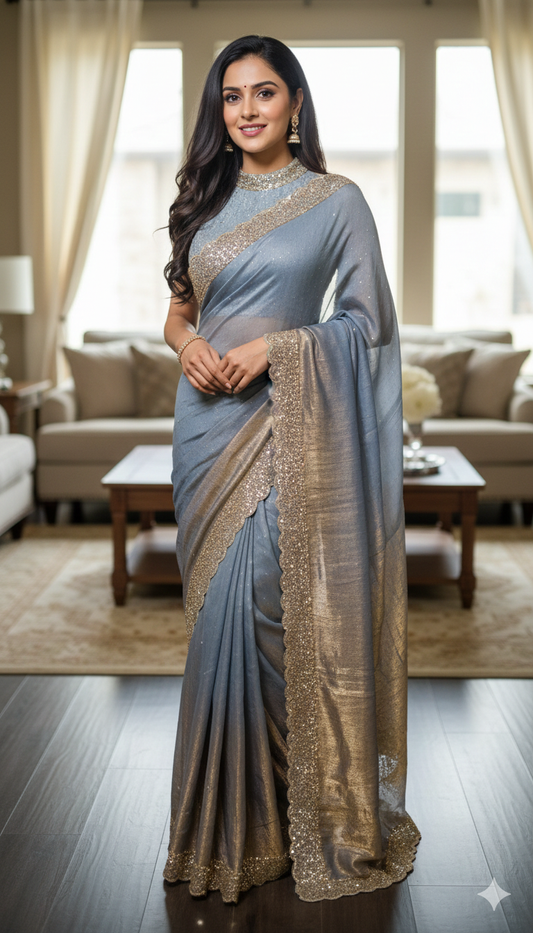Crushed space silk saree with stone and beads