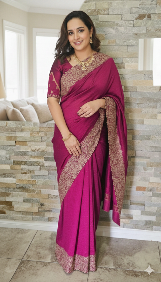 Vichitra siik saree -Rasberry pink colour