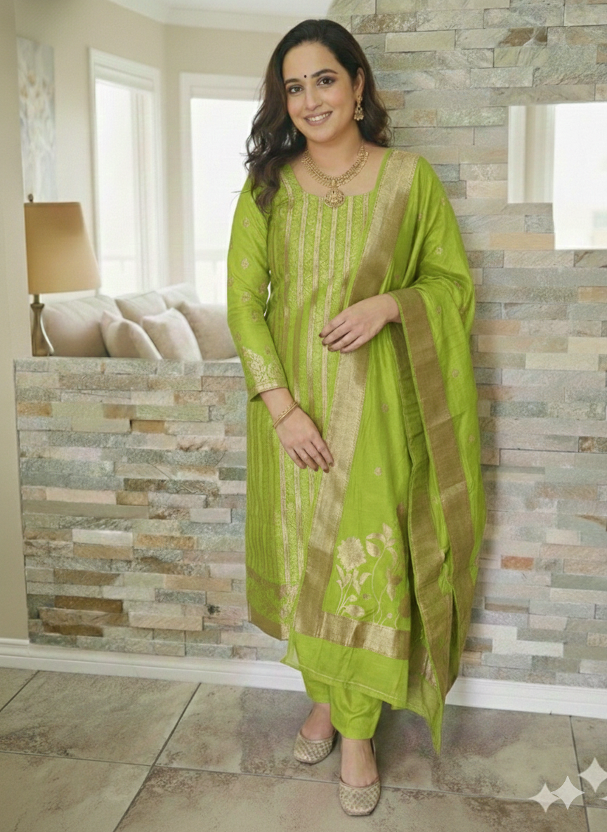 Traditional ready to wear suit set in parrot green colour