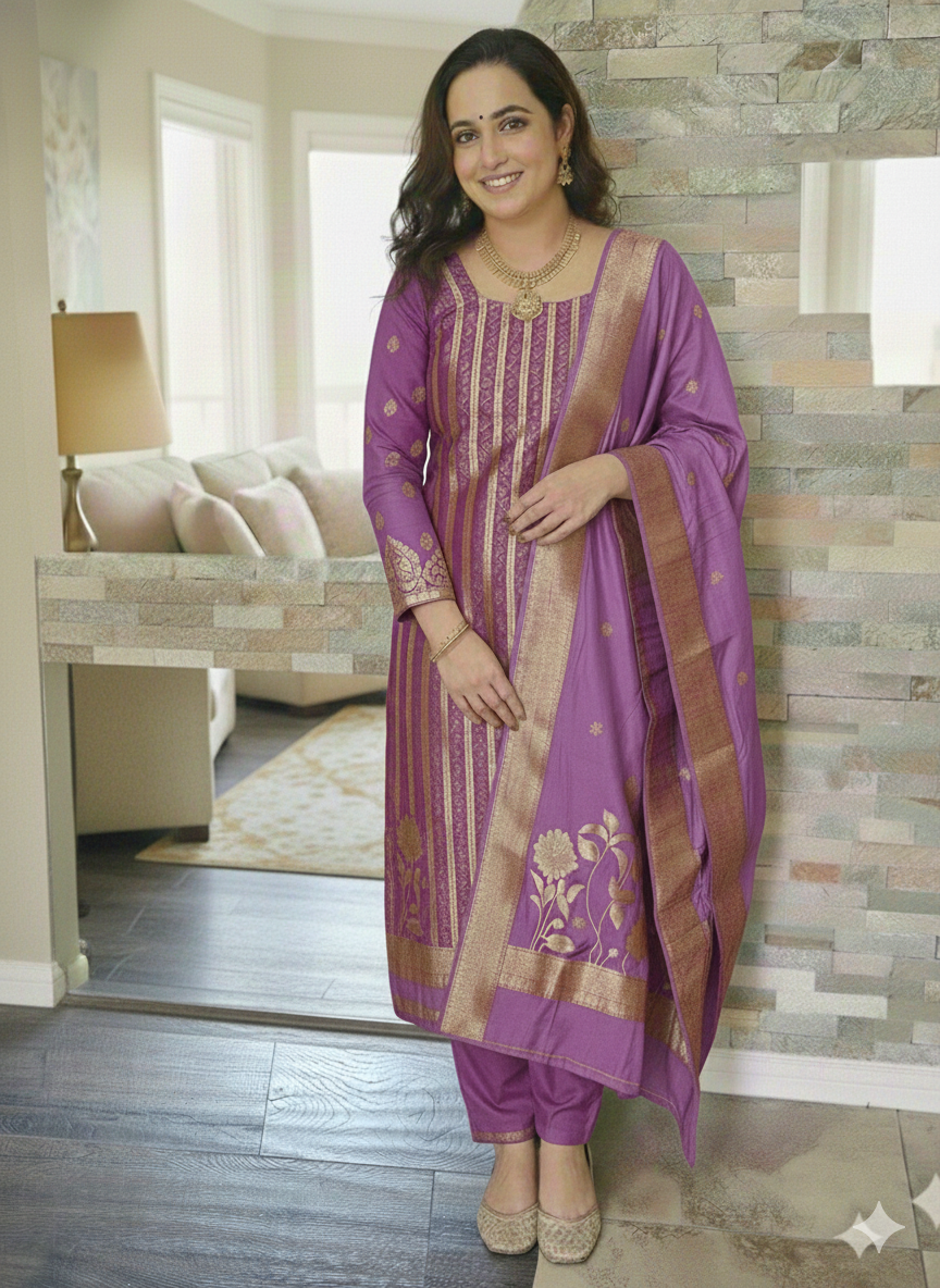 Ready to wear banarasi suit in purple colour