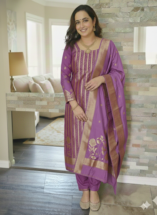 Ready to wear banarasi suit in purple colour