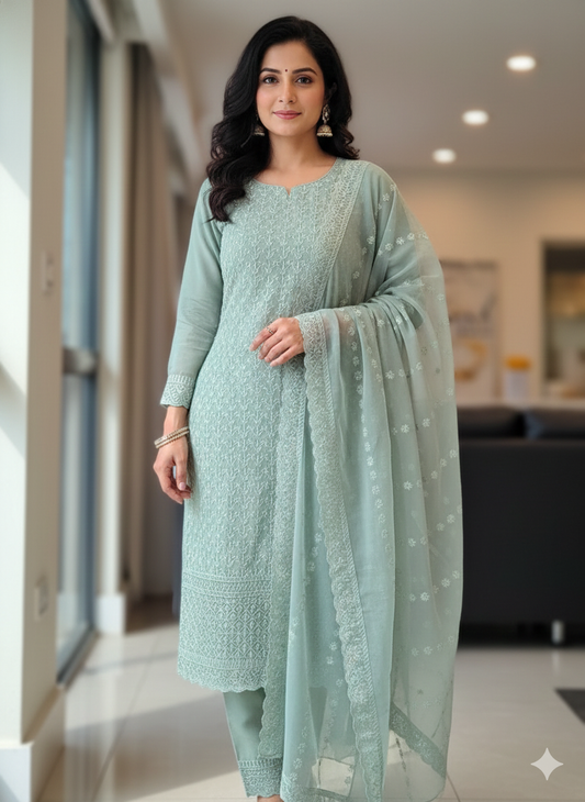Mint green chickenkari salwar suit