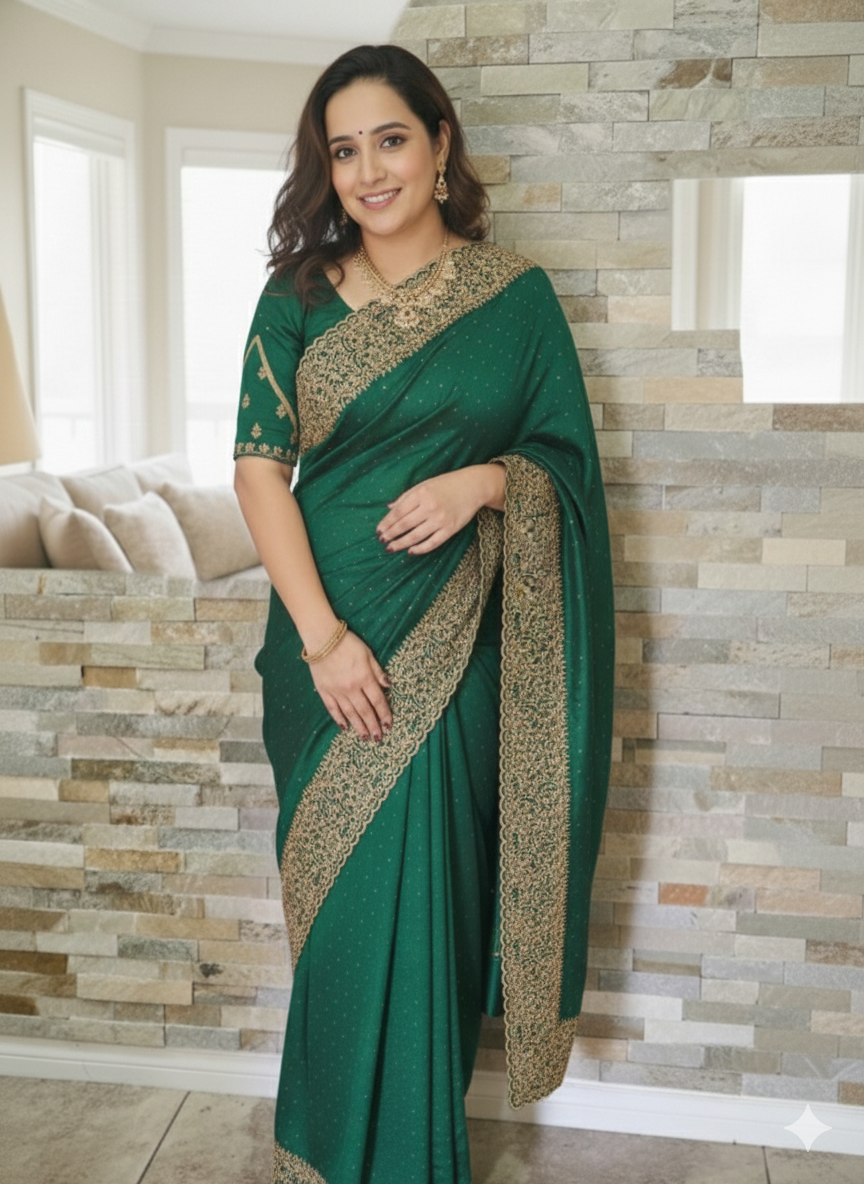Dark green vichitra silk saree with golden border
