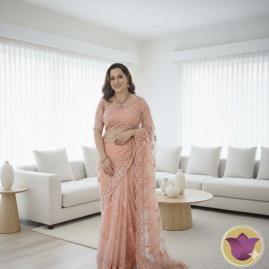 Light peach saree with cut beads and embroidery and scalloped border