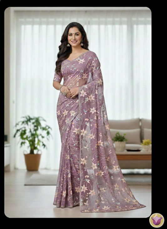 Onion pink net saree with silver sequence and embroidery work