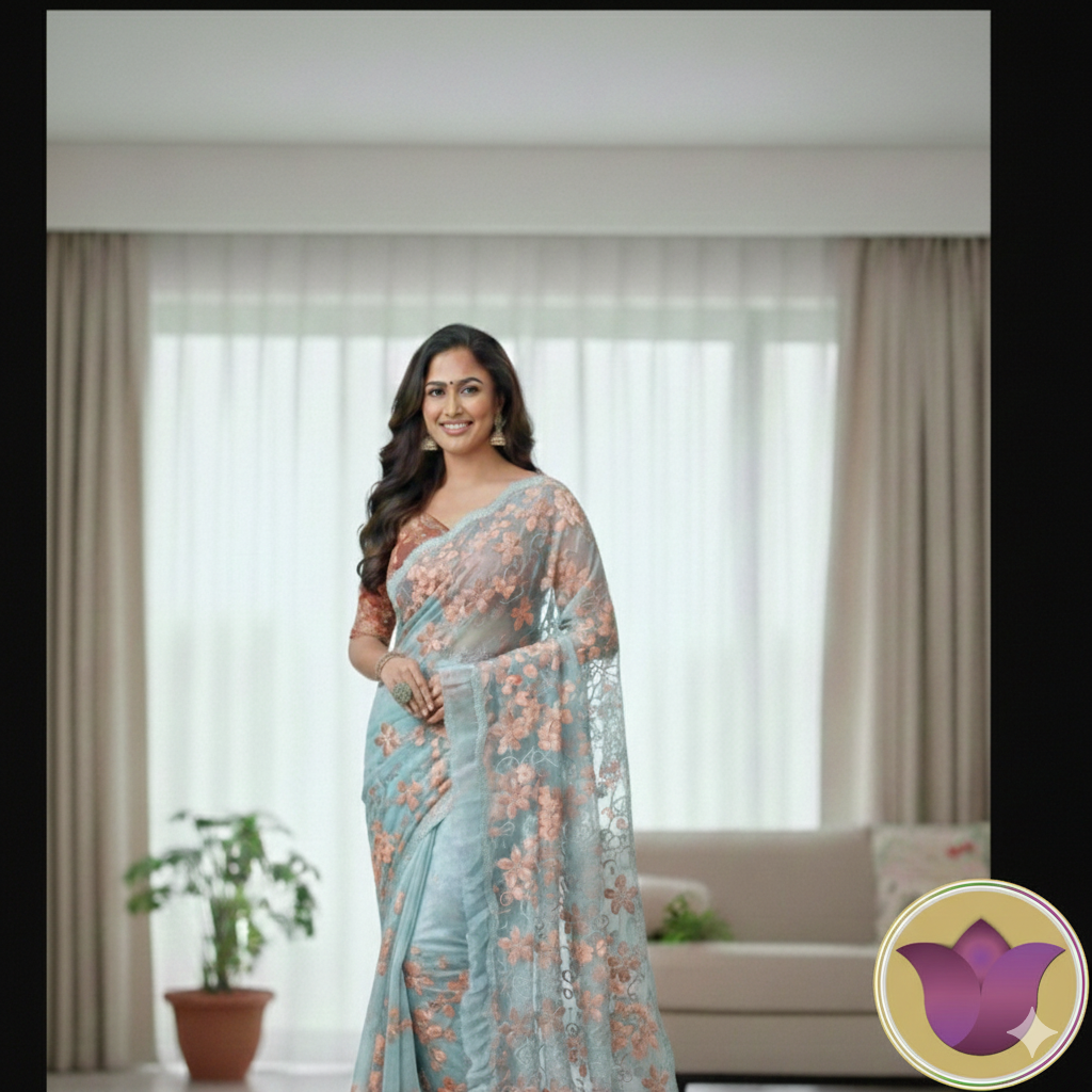 Georgette saree in sky blue colour with dark peach embroidery band scalloped work in borders