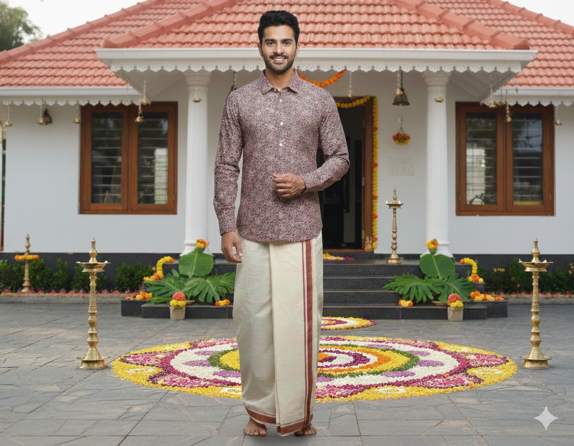 Printed shirt with matching- Maroon and whiite dhoti