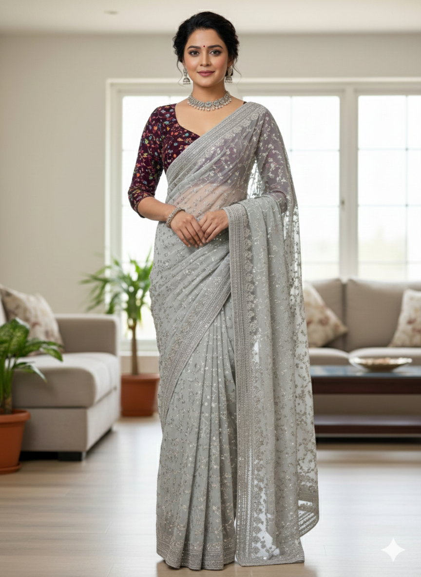 Grey Georgette saree with  grape wine velvet blouse
