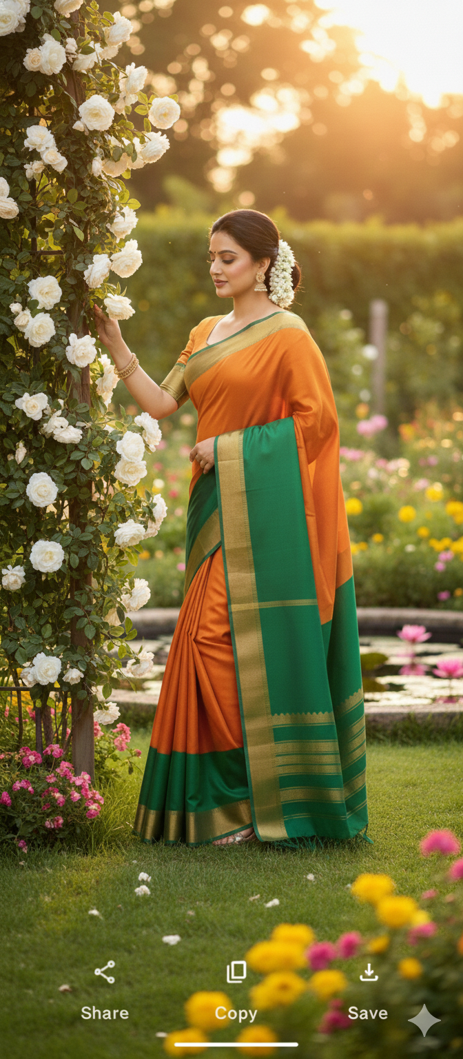 Orange and emerald green combination raw silk saree