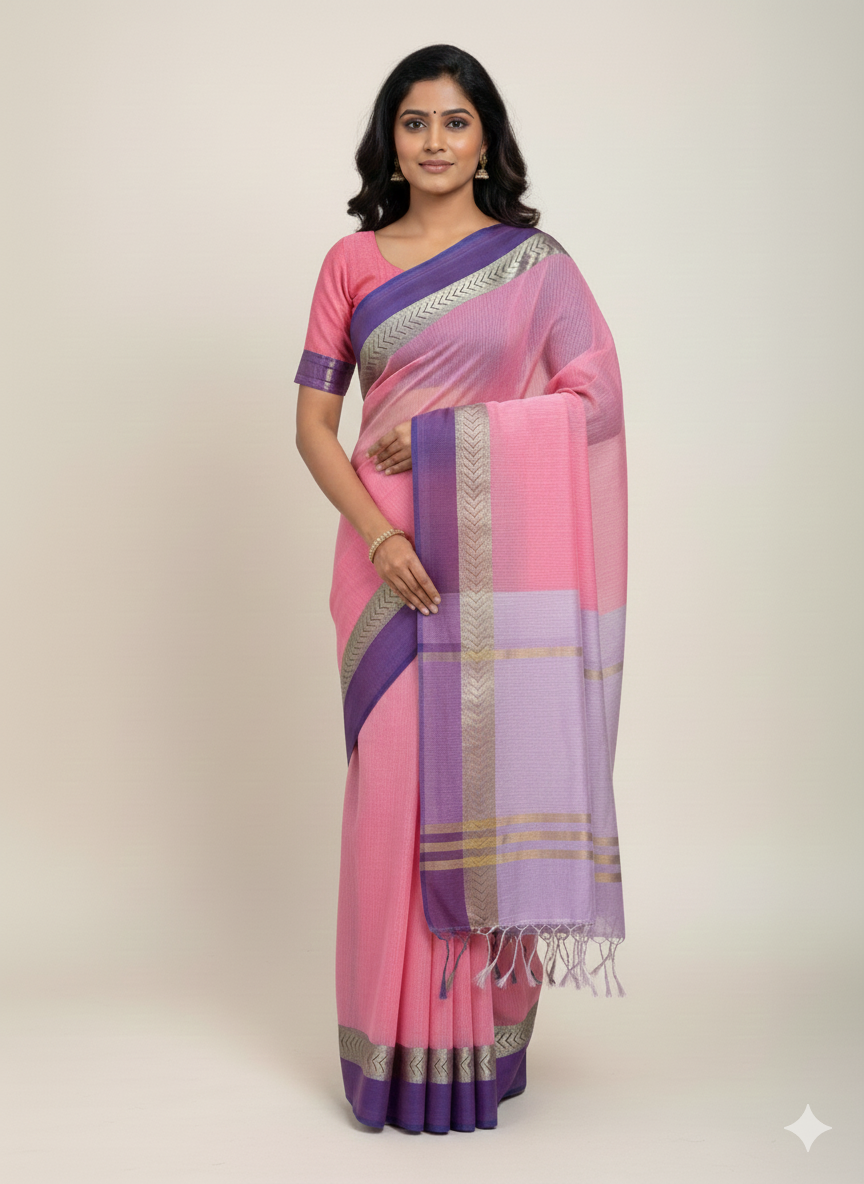 Pink cotton saree with purple borders