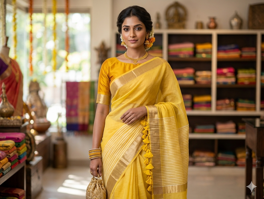 Yellow mulmul cotton saree without blouse