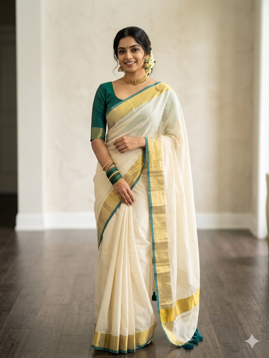 Cream and dark green mulmul cotton saree