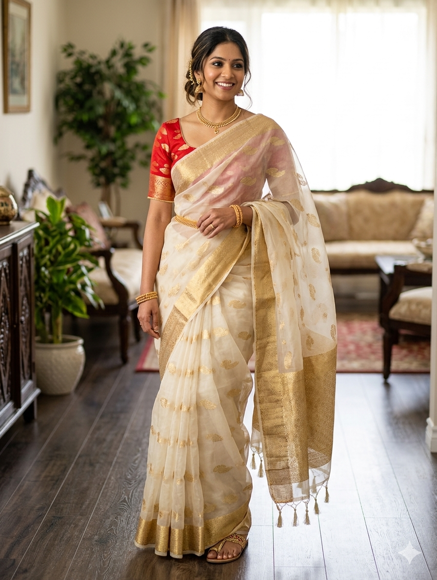 Cream and golden kasavu saree in organza material with res silk blouse