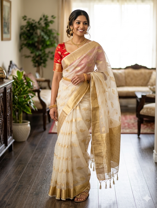 Cream and golden kasavu saree in organza material with res silk blouse