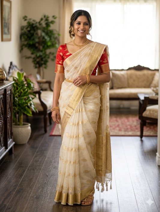 Cream and golden kasavu saree in organza material with res silk blouse