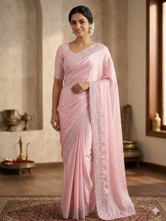 Light pink saree in wringled Georgette material with white stone work and embroidery