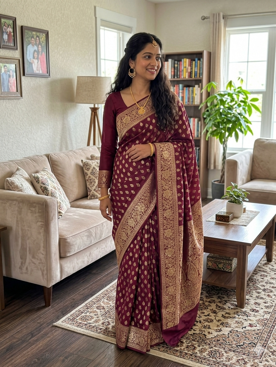 Dark maroon banarasi  crape silk saree