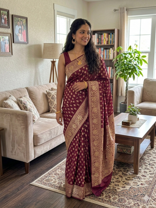 Dark maroon banarasi  crape silk saree