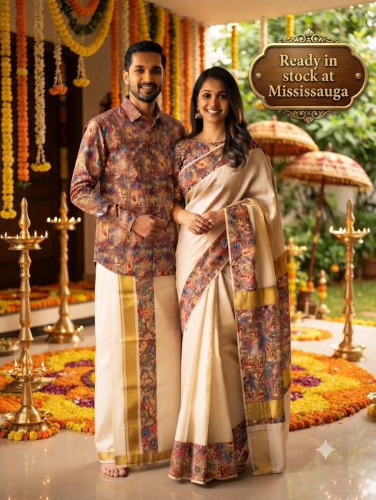 Couple matching saree, blouse, shirt & dhorhi